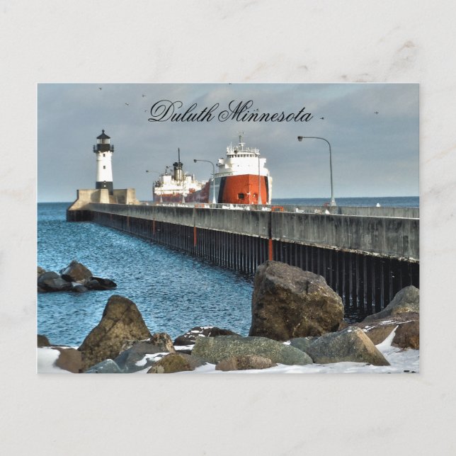 Lighthouse and Ship, Duluth Minnesota Postcard (Front)