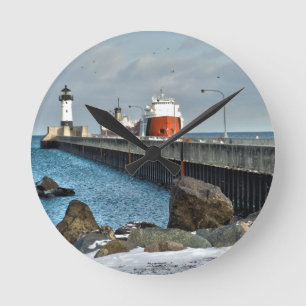 Lighthouse and Ship in Duluth Minnesota Round Clock