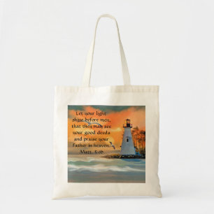 Lighthouse and Sunset Bible Verse Tote Bag