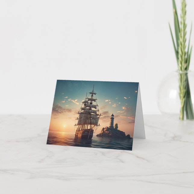 Lighthouse and Tall Ship Note Card (Front)