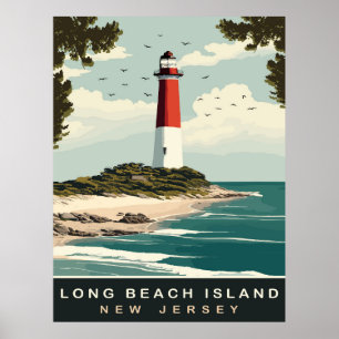 Lighthouse at Long Beach Island Coast, Travel Poster