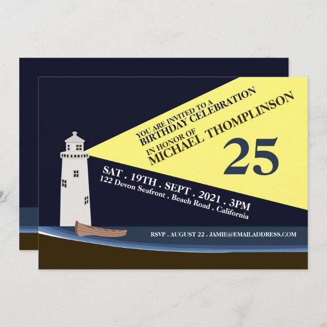 Lighthouse at Night, Beach Birthday Party Invitation (Front/Back)