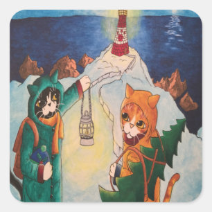 Lighthouse at Night Cats Rectangular Sticker