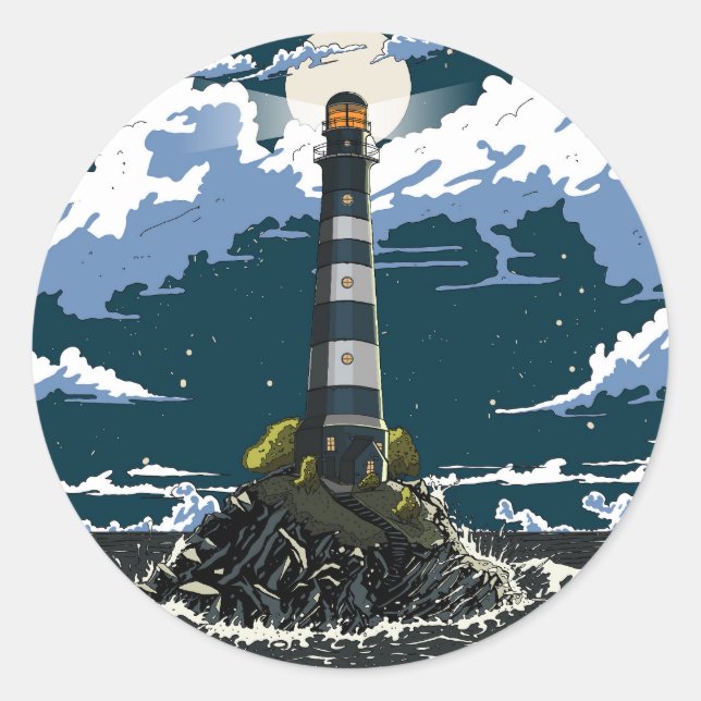 Lighthouse At Night Classic Round Sticker (Front)