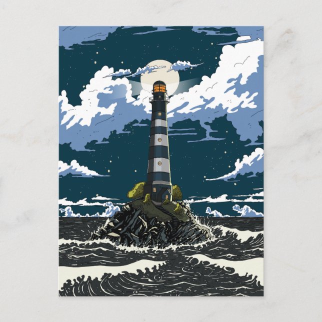 Lighthouse At Night Holiday Postcard (Front)