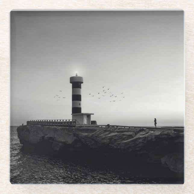 Lighthouse at Sunset Glass Coaster (Front)