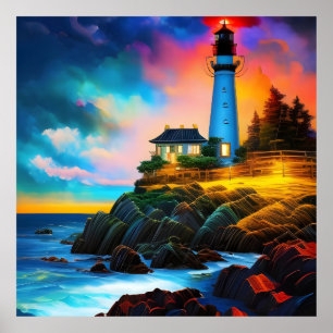 Lighthouse at Sunset Poster