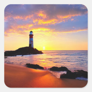 Lighthouse at sunset square sticker