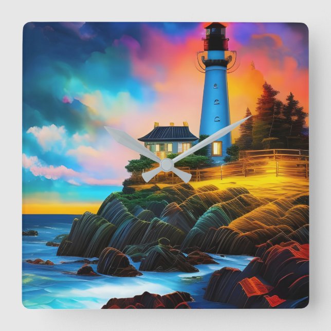 Lighthouse at Sunset Square Wall Clock (Front)