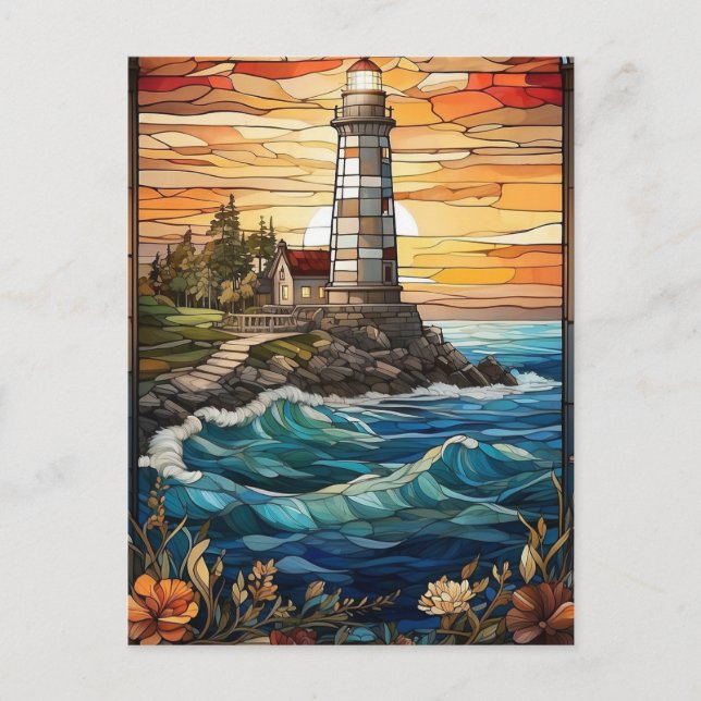 Lighthouse at Sunset Stained Glass Illustration  Postcard (Front)