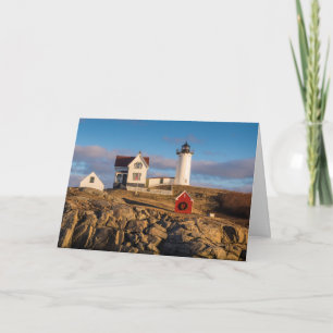 Lighthouse at Sunset with Christmas Decorations Holiday Card
