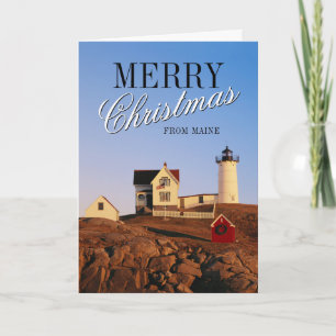 Lighthouse at Sunset with Christmas Decorations Holiday Card