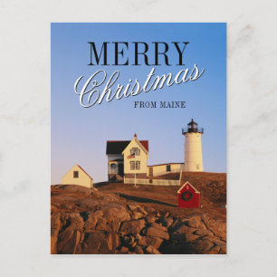 Lighthouse at Sunset with Christmas Decorations Holiday Postcard