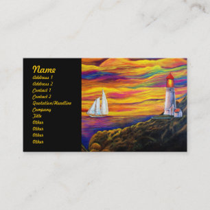 Lighthouse at Sunset with Sailboat Business Card
