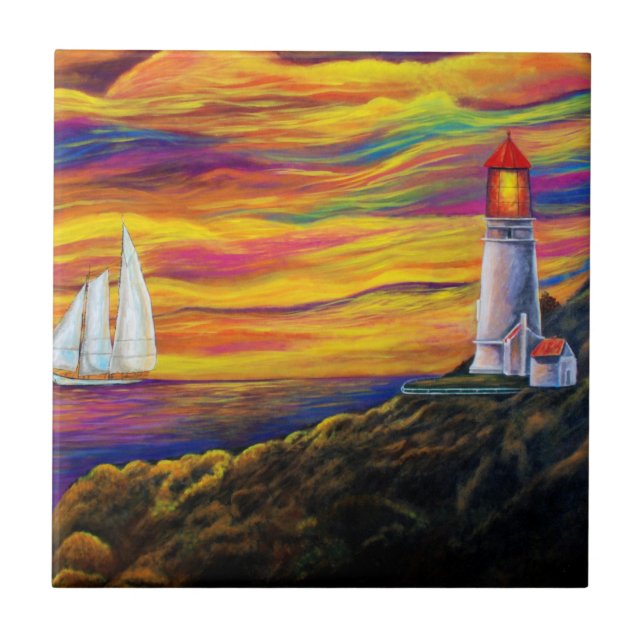 Lighthouse at Sunset with Sailboat Ceramic Tile (Front)