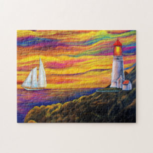 Lighthouse at Sunset with Sailboat Ocean Jigsaw Puzzle