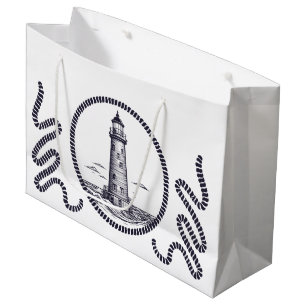 Lighthouse at the sea in round rope frame large gift bag