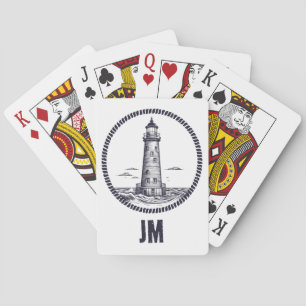 Lighthouse at the sea in round rope frame playing cards