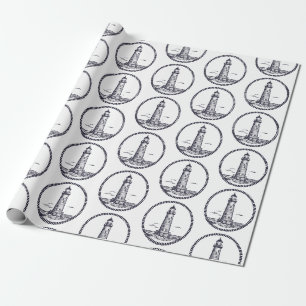 Lighthouse at the sea in round rope frame wrapping paper