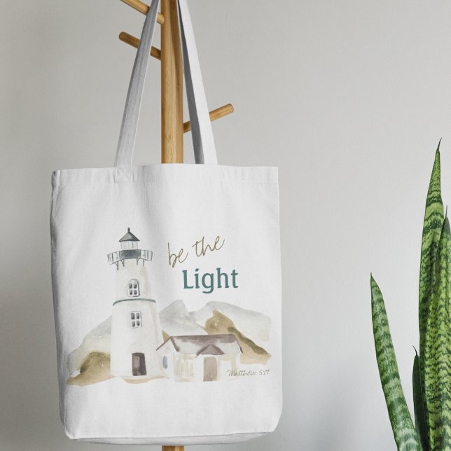Lighthouse "Be the Light" Watercolor Motivational Tote Bag (Creator Uploaded)