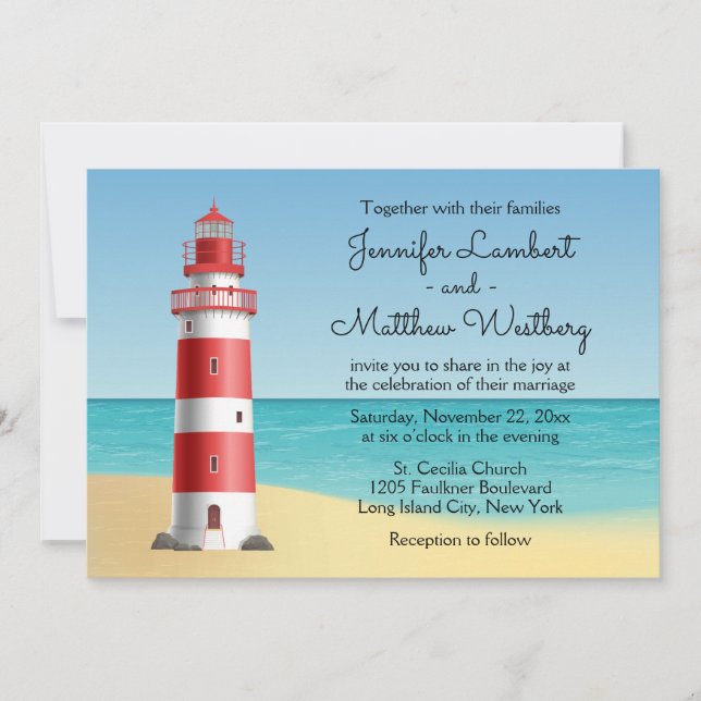 Lighthouse Beach Blue Nautical Wedding Invitation (Front)