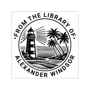 Lighthouse Beach Palm Trees Library Book Name Self-inking Stamp