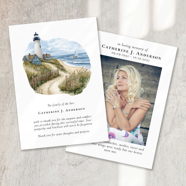 Lighthouse Beach Photo Sympathy Funeral Memorial Thank You Card (Creator Uploaded)