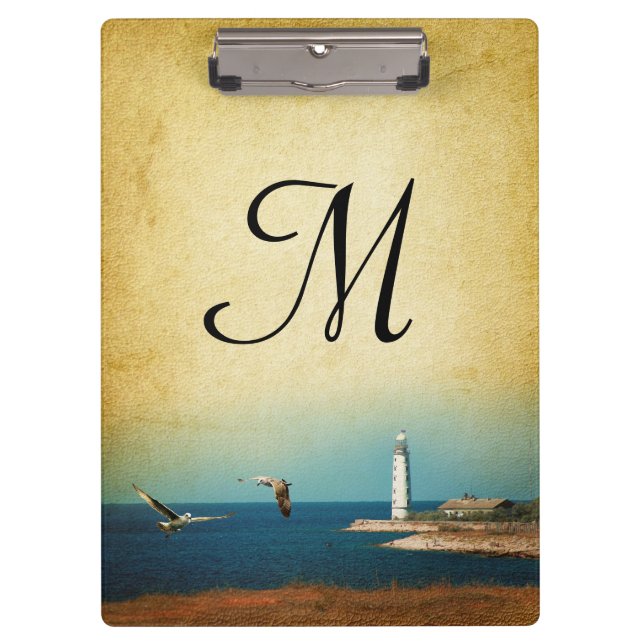 Lighthouse Beach Scene Monogram Initial Clip Board (Front)