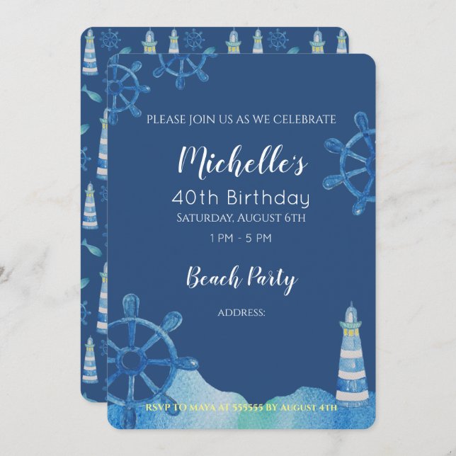 Lighthouse Beach Watercolor Hand-painted Invitatio Invitation (Front/Back)