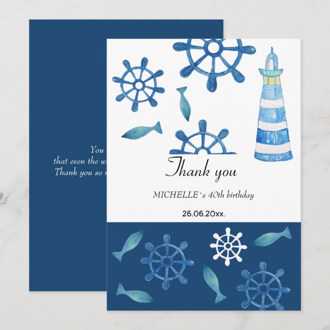 Lighthouse Beach Watercolor Hand-painted Thank You Card (Front/Back)