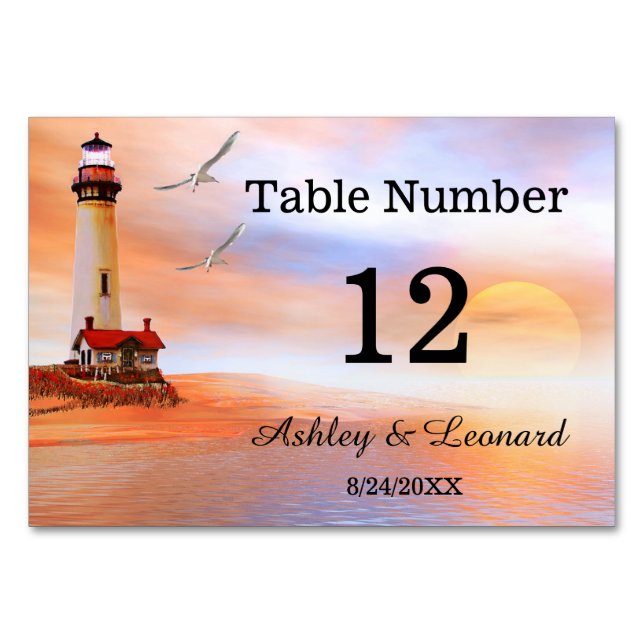 Lighthouse Beach Wedding Table Number Card (Front)