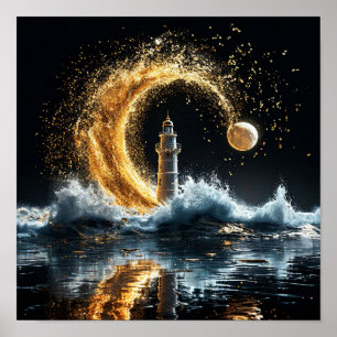 🌙 Lighthouse Beneath Golden Moon Coastal Night  Poster