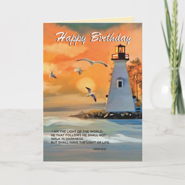 Lighthouse Birthday, Golden Sky, Religious Card (Front)
