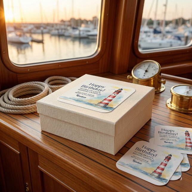 Lighthouse Birthday Shining Light Square Sticker (Seal it with coastal style)