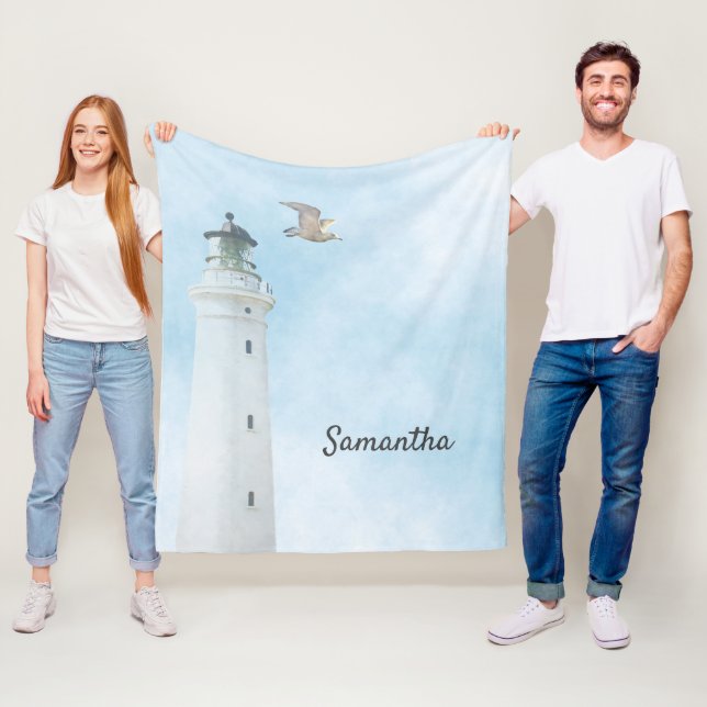 Lighthouse blue sky ocean sea name fleece blanket (In Situ)