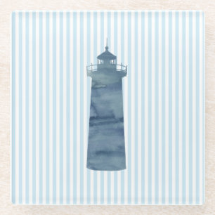 Lighthouse Blue Stripe Beach Decor Glass Coaster