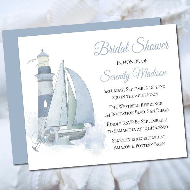 Lighthouse Blue Watercolor Nautical Bridal Shower Invitation (Creator Uploaded)