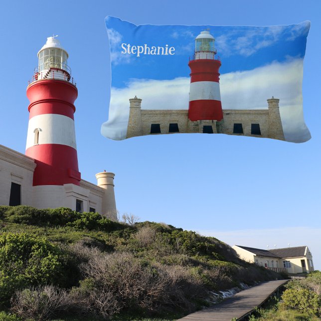 Lighthouse Blue White and Red Photographic Named  Lumbar Cushion (Front with Background)