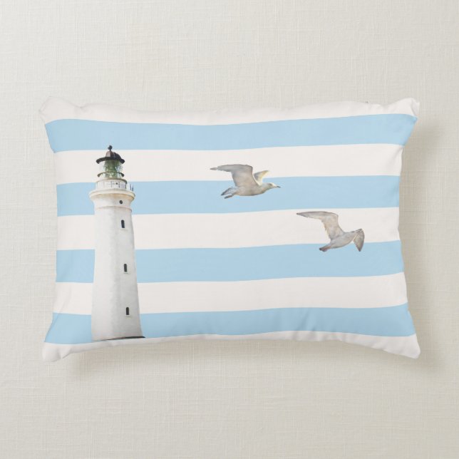 Lighthouse blue white nautical stripes decorative cushion (Front)