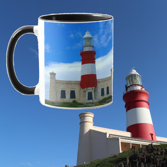 Lighthouse Blue White Red Coffee Time Photo Mug (Left Side with Background)