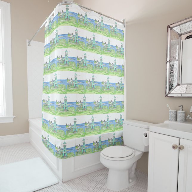Lighthouse Blues Shower Curtain (In Situ)