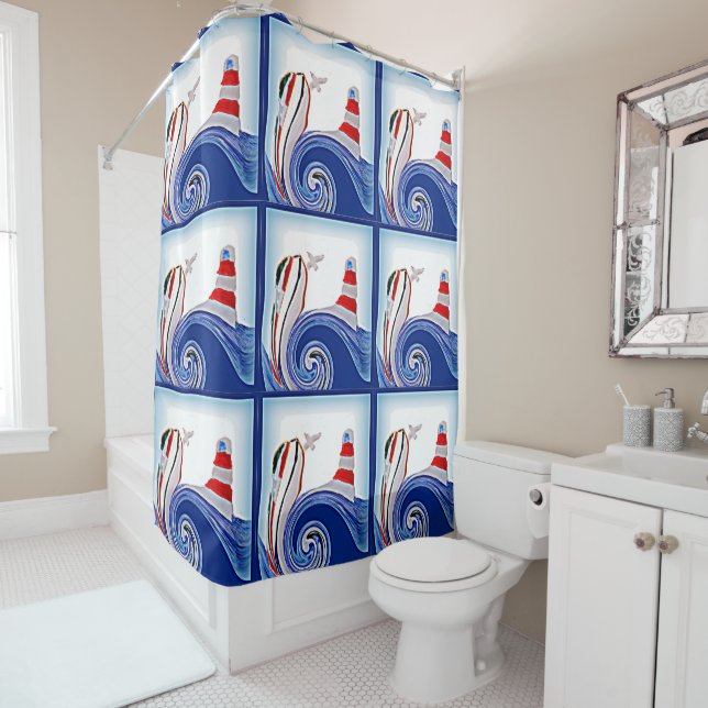 Lighthouse Boats Seaside Shower Curtain (In Situ)