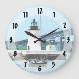 Lighthouse, Bridge and Boats, Newport, RI Large Clock