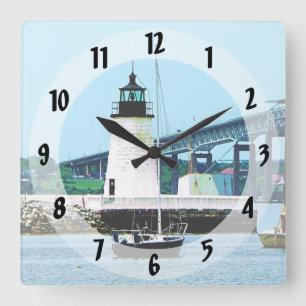 Lighthouse, Bridge and Boats, Newport, RI Square Wall Clock