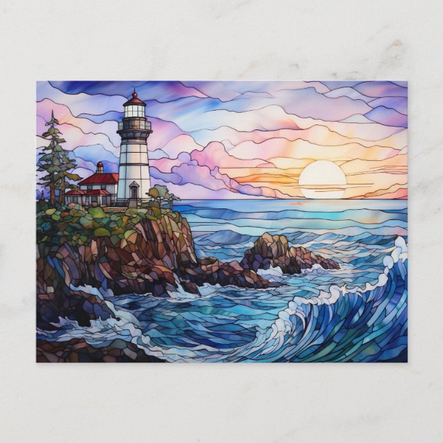 Lighthouse by the Sea Bleiglass Style Postcard (Front)