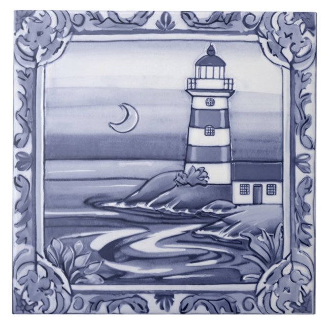 Lighthouse by the Sea Ocean Blue and White Ceramic Tile (Front)