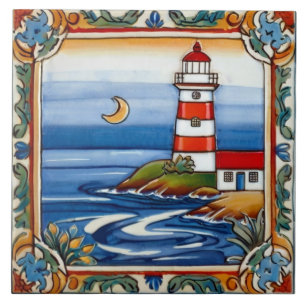 Lighthouse by the Sea Ocean Colourful Beach House Ceramic Tile