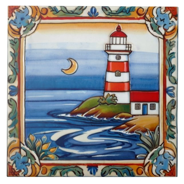 Lighthouse by the Sea Ocean Colourful Beach House Ceramic Tile (Front)