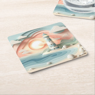 Lighthouse By The Sea Square Paper Coaster