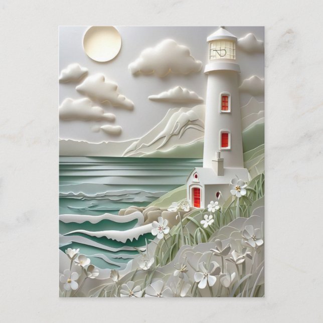 lighthouse coastal landscape papercut style postcard (Front)